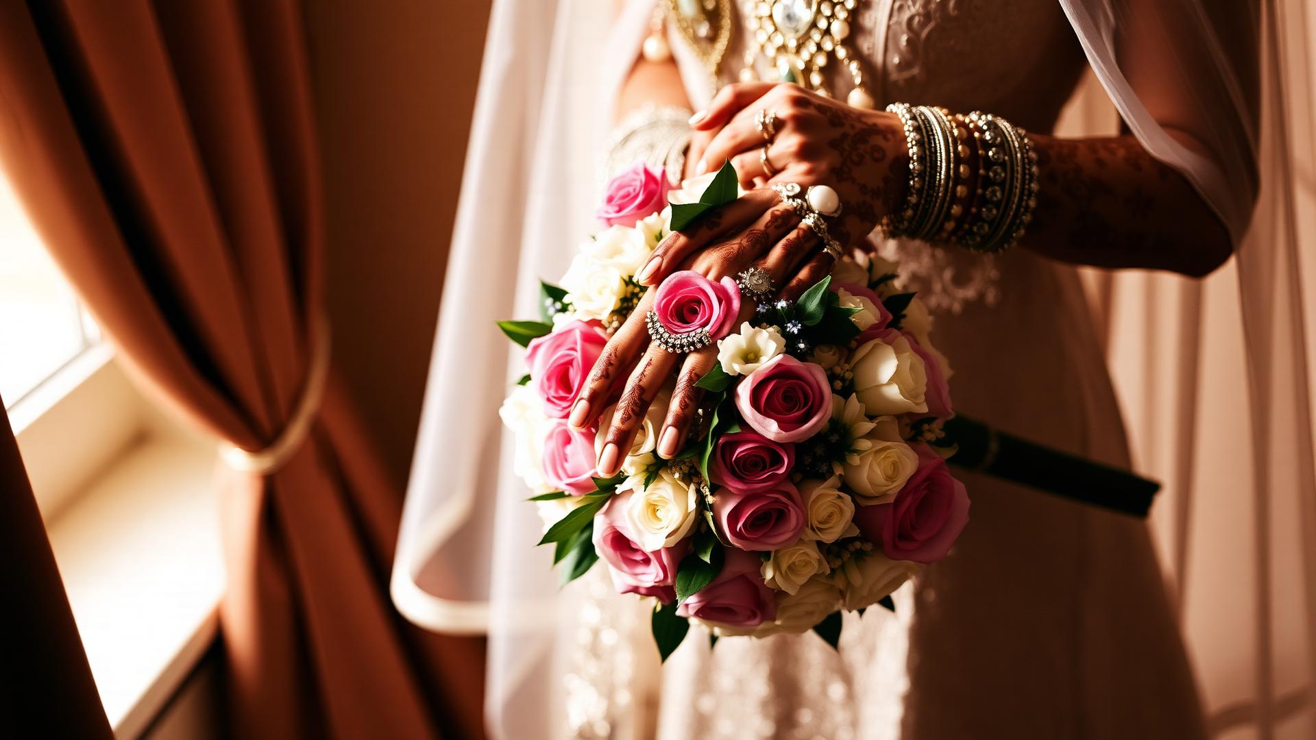Bridal hands holding bouquet